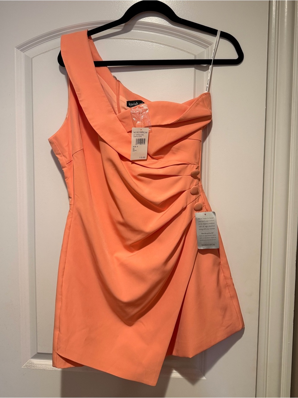 Lavish Alice Coral One-Shoulder Draped Mini Romper Dress